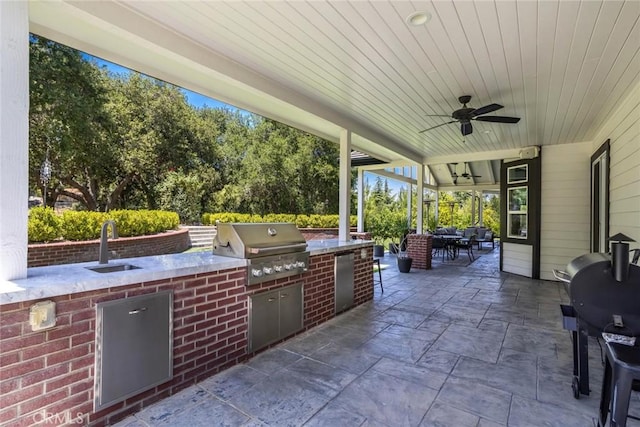 16261 Pineview Rd, Canyon Country, CA 91387 - view of patio with area for grilling, a ceiling fan, and outdoor dining area