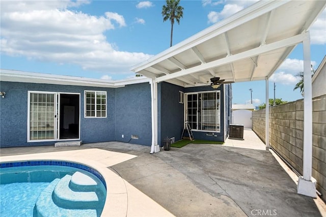 7803 Clive Ave, Whittier, CA 90606 - view of swimming pool with ceiling fan, a patio area, and a fenced backyard
