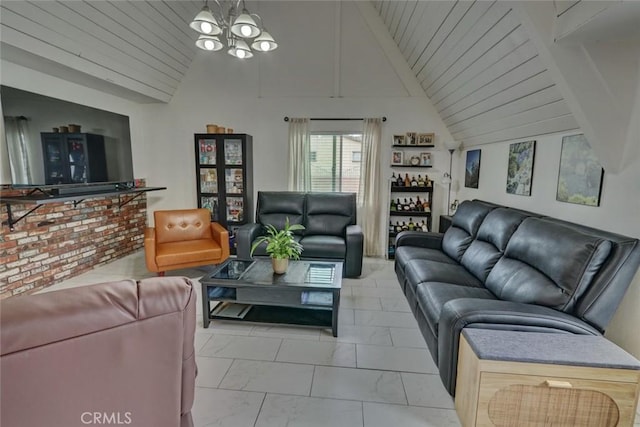 4519 Bresee Ave, Baldwin Park, CA 91706 - living area featuring vaulted ceiling, a chandelier, wood ceiling, and light marble finish flooring