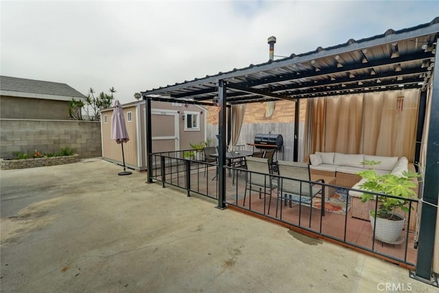4519 Bresee Ave, Baldwin Park, CA 91706 - view of patio featuring a storage shed, outdoor lounge area, outdoor dining space, and area for grilling