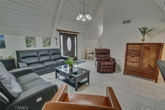 4519 Bresee Ave, Baldwin Park, CA 91706 - living area with a chandelier, high vaulted ceiling, and wood ceiling