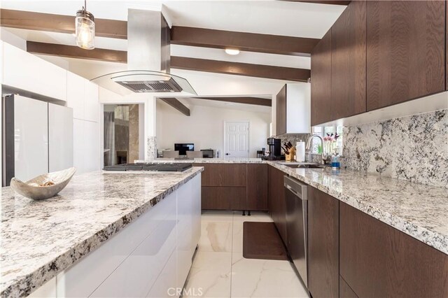 19516 Blythe St, Reseda, CA 91335 - kitchen featuring island range hood, stainless steel appliances, modern cabinets, backsplash, and white cabinets