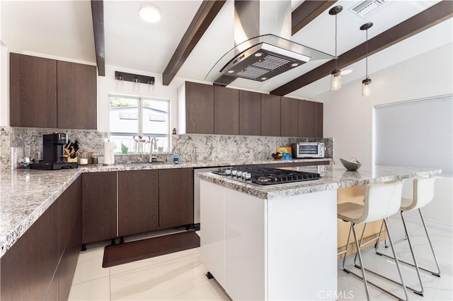 19516 Blythe St, Reseda, CA 91335 - kitchen featuring beam ceiling, a kitchen bar, island range hood, modern cabinets, and backsplash