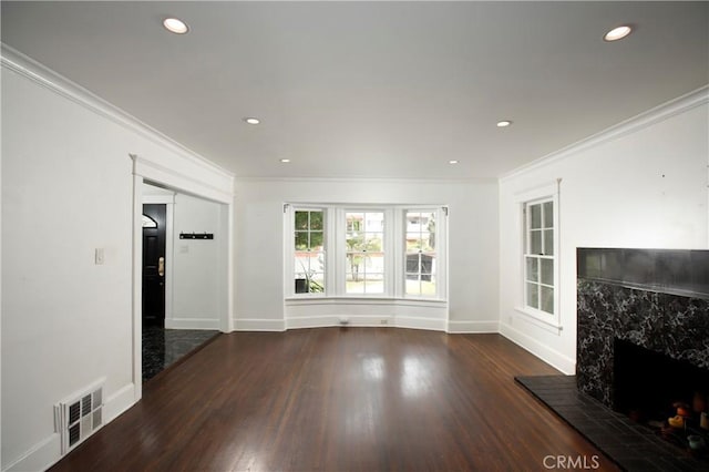738 S Norton Ave, Los Angeles, CA 90005 - unfurnished living room featuring recessed lighting, crown molding, wood finished floors, and a premium fireplace