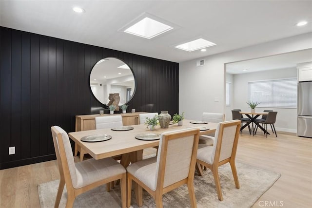 311 Prospect St, Oak View, CA 93022 - dining area featuring light wood finished floors, recessed lighting, a skylight, and wooden walls