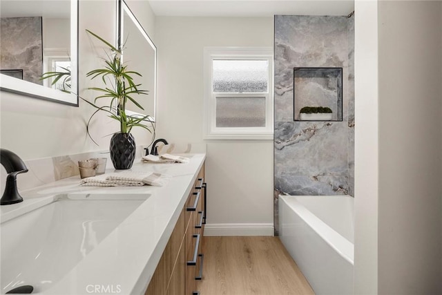 19331 Cindy Ln, Huntington Beach, CA 92646 - bathroom with wood finished floors and double vanity