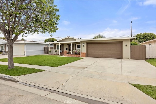 19331 Cindy Ln, Huntington Beach, CA 92646 - ranch-style house featuring a porch, a garage, driveway, brick siding, and stucco siding