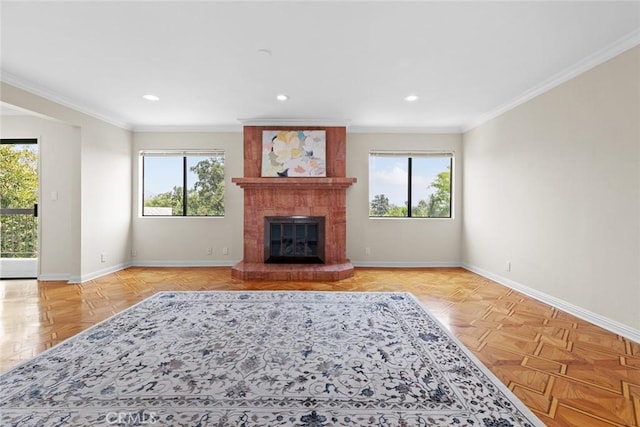 635 E Elmwood Ave Unit 307, Burbank, CA 91501 - unfurnished living room featuring plenty of natural light, ornamental molding, a fireplace, and recessed lighting