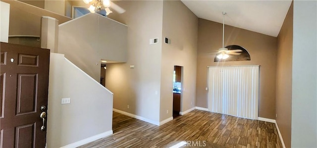 186 S Massachusetts St, Lake Elsinore, CA 92530 - entryway featuring ceiling fan, wood finished floors, high vaulted ceiling, and stairway