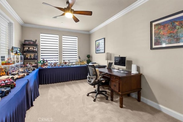 7145 Sunnyside Pl, Rancho Cucamonga, CA 91739 - carpeted home office featuring crown molding and ceiling fan