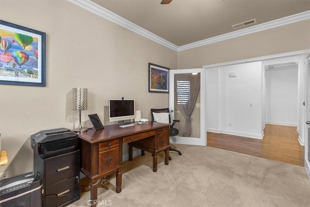 7145 Sunnyside Pl, Rancho Cucamonga, CA 91739 - home office featuring crown molding, light carpet, and ceiling fan