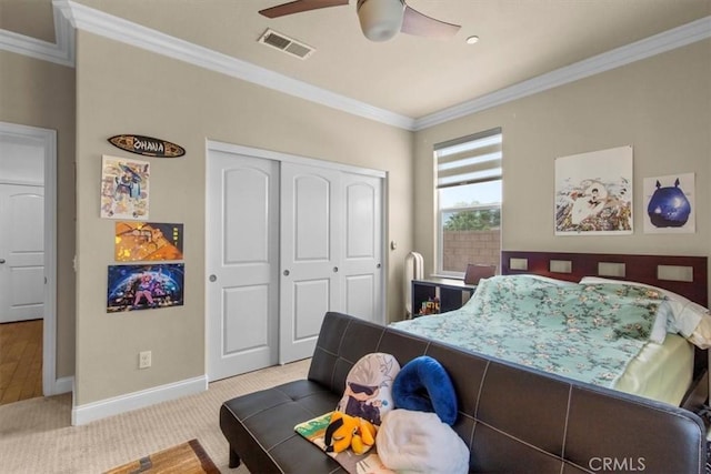 7145 Sunnyside Pl, Rancho Cucamonga, CA 91739 - bedroom featuring carpet flooring, a closet, ornamental molding, and a ceiling fan
