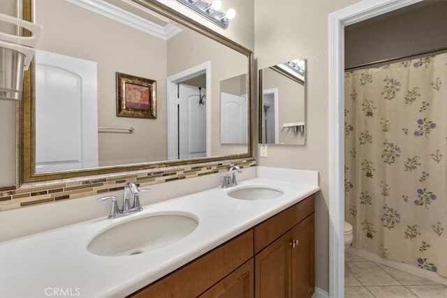 7145 Sunnyside Pl, Rancho Cucamonga, CA 91739 - full bath featuring double vanity, tile patterned flooring, curtained shower, and crown molding