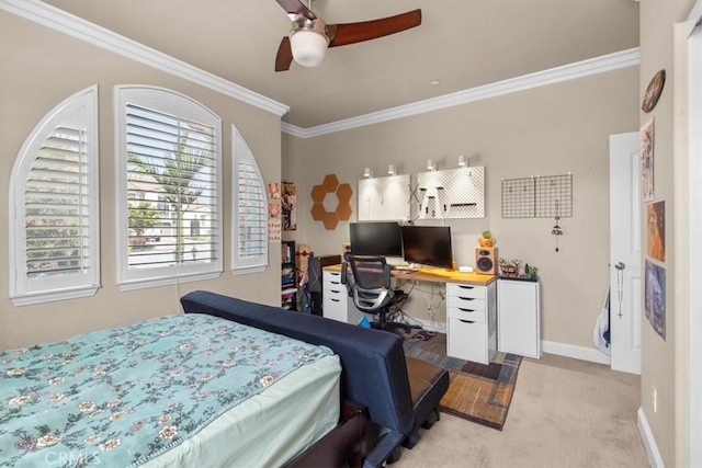 7145 Sunnyside Pl, Rancho Cucamonga, CA 91739 - bedroom featuring carpet, crown molding, a desk, and ceiling fan