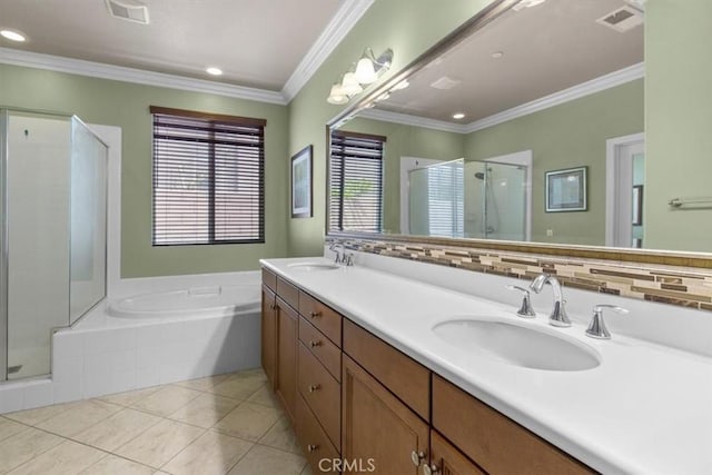 7145 Sunnyside Pl, Rancho Cucamonga, CA 91739 - bathroom featuring tile patterned flooring, a shower stall, a garden tub, double vanity, and ornamental molding