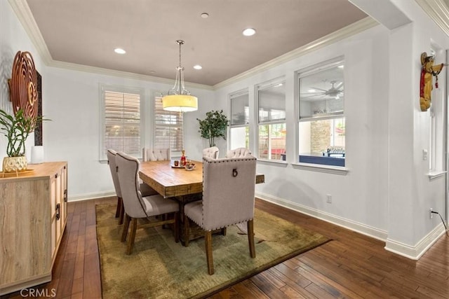 7145 Sunnyside Pl, Rancho Cucamonga, CA 91739 - dining room featuring dark wood-type flooring, crown molding, and recessed lighting