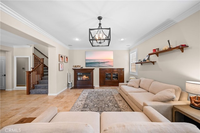 35 Twin Gables, Irvine, CA 92620 - living area featuring recessed lighting, ornamental molding, stairway, a chandelier, and stone tile floors