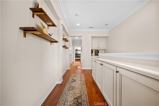 35 Twin Gables, Irvine, CA 92620 - hall with dark wood-type flooring, ornamental molding, and recessed lighting
