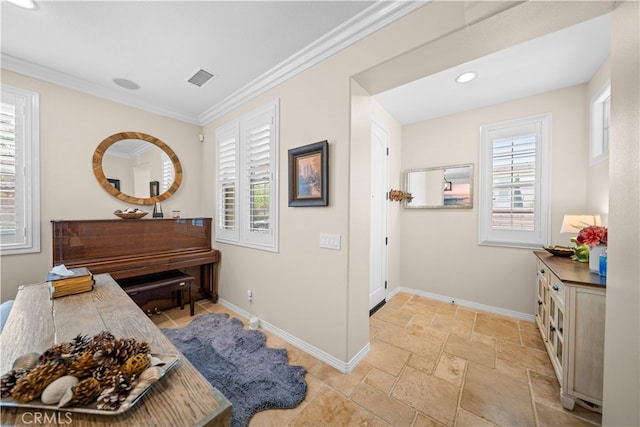 35 Twin Gables, Irvine, CA 92620 - hallway with plenty of natural light, crown molding, stone tile floors, and recessed lighting