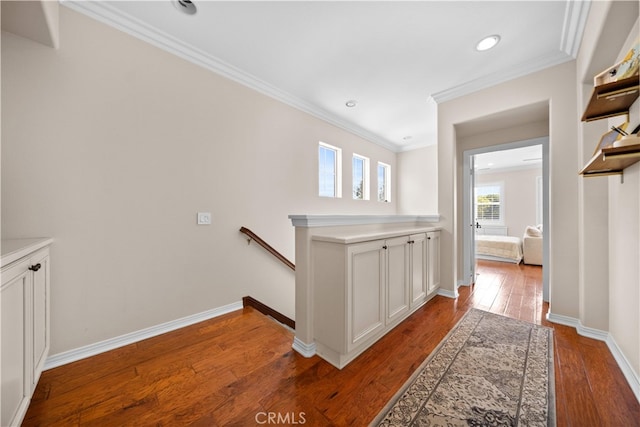 35 Twin Gables, Irvine, CA 92620 - corridor with ornamental molding, hardwood / wood-style floors, an upstairs landing, and recessed lighting