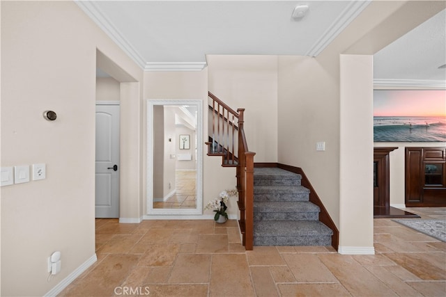 35 Twin Gables, Irvine, CA 92620 - staircase with stone tile flooring and crown molding