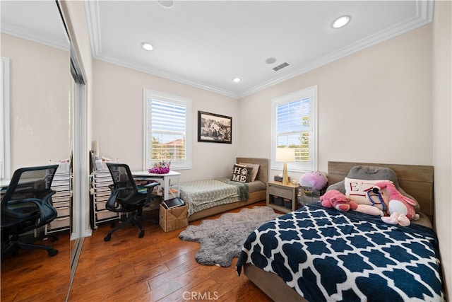 35 Twin Gables, Irvine, CA 92620 - bedroom with multiple windows, wood finished floors, an office area, ornamental molding, and recessed lighting