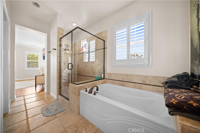 35 Twin Gables, Irvine, CA 92620 - full bathroom with a garden tub, a stall shower, and tile patterned flooring