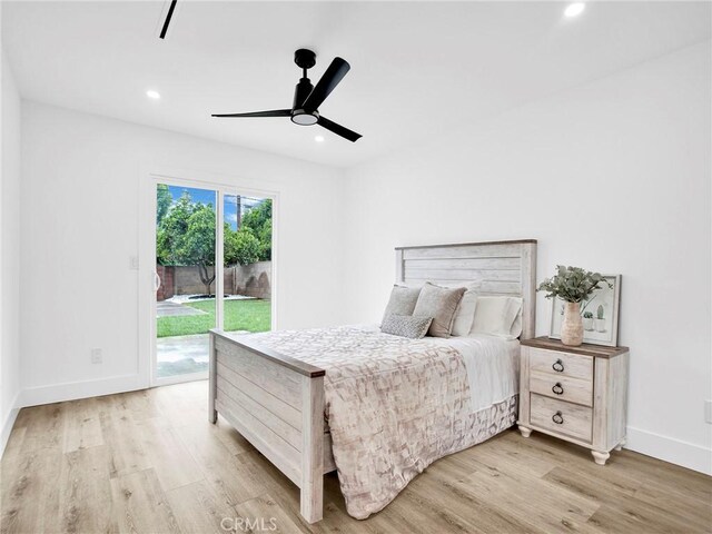 7055 Fallbrook Ave, West Hills, CA 91307 - bedroom with access to exterior, light wood-type flooring, recessed lighting, and ceiling fan