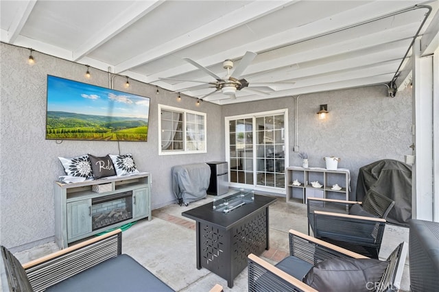6963 Shamrock Ln, Rancho Cucamonga, CA 91701 - view of patio featuring an outdoor living space with a fire pit, a ceiling fan, and grilling area