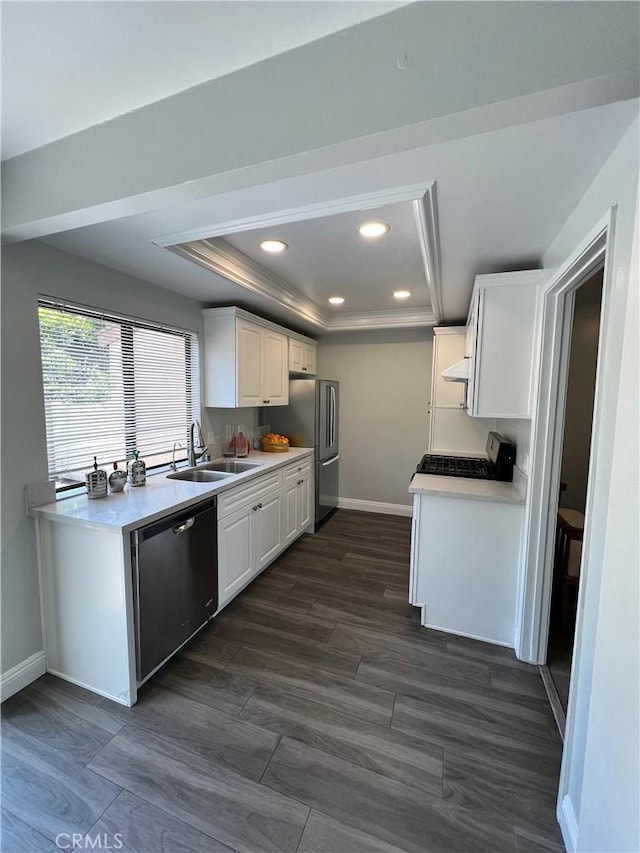 1231 S Golden W Ave Unit 24, Arcadia, CA 91007 - kitchen with dishwasher, a raised ceiling, white cabinetry, recessed lighting, and gas stove