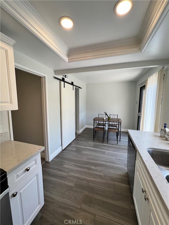 1231 S Golden W Ave Unit 24, Arcadia, CA 91007 - kitchen with crown molding, a barn door, a raised ceiling, stainless steel dishwasher, and white cabinets