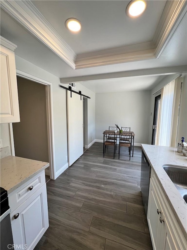 1231 S Golden W Ave Unit 24, Arcadia, CA 91007 - kitchen featuring ornamental molding, a barn door, a raised ceiling, stainless steel dishwasher, and white cabinets