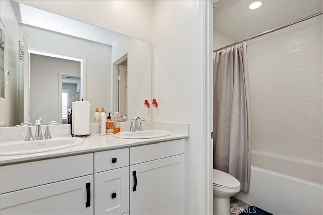 21288 Telegraph Rd, Riverside, CA 92507 - bathroom featuring double vanity and shower / bath combo with shower curtain