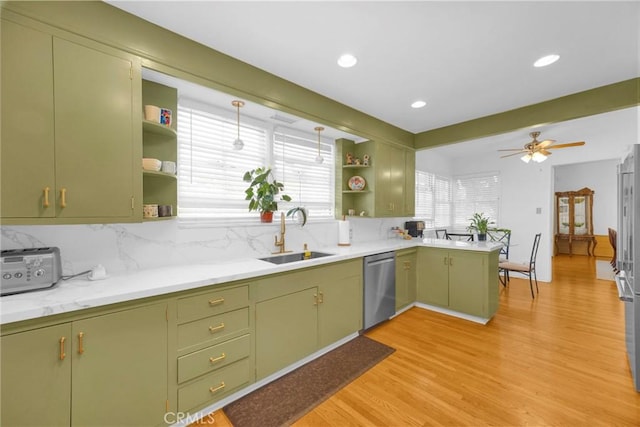 929 E Marshall Pl, Long Beach, CA 90807 - kitchen featuring open shelves, dishwasher, green cabinets, a peninsula, and recessed lighting