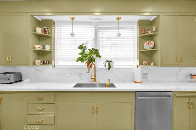 929 E Marshall Pl, Long Beach, CA 90807 - kitchen with stainless steel dishwasher, open shelves, tasteful backsplash, and decorative light fixtures