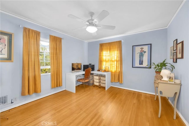929 E Marshall Pl, Long Beach, CA 90807 - home office with light wood-type flooring, crown molding, and a ceiling fan
