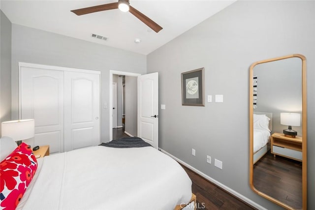 1012 Maggie Ln, Nipomo, CA 93444 - bedroom with dark wood-type flooring, a closet, lofted ceiling, and ceiling fan