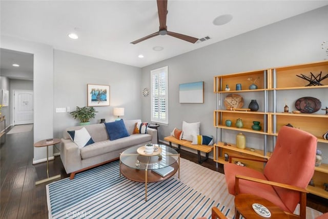 1012 Maggie Ln, Nipomo, CA 93444 - living area featuring dark wood-style floors, a ceiling fan, and recessed lighting