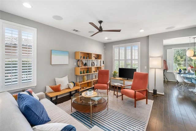 1012 Maggie Ln, Nipomo, CA 93444 - living area with plenty of natural light, ceiling fan, hardwood / wood-style floors, and recessed lighting