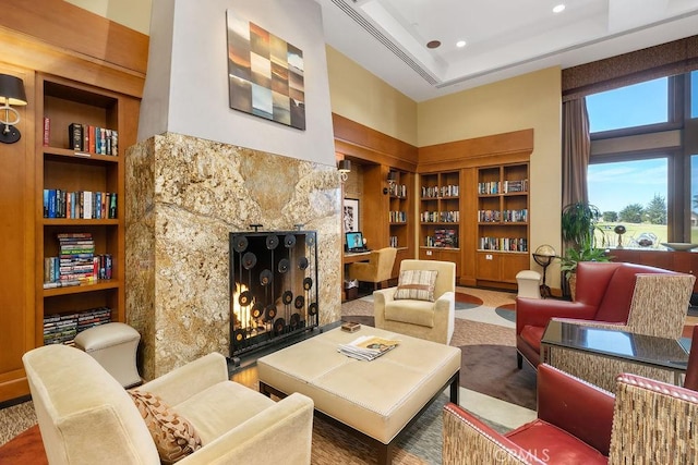 1012 Maggie Ln, Nipomo, CA 93444 - living area featuring built in features, a fireplace, a high ceiling, and recessed lighting
