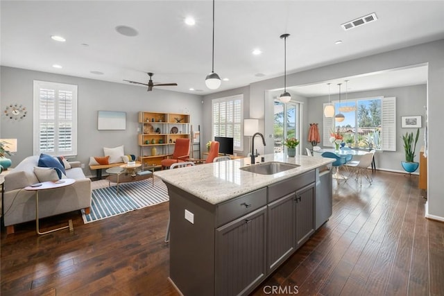 1012 Maggie Ln, Nipomo, CA 93444 - kitchen featuring dishwasher, recessed lighting, gray cabinets, open floor plan, and a ceiling fan