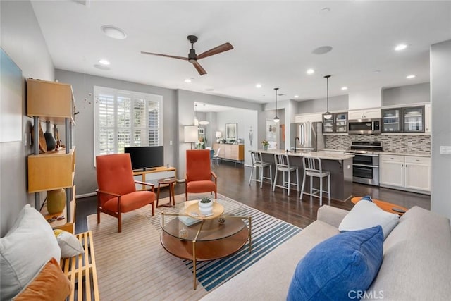 1012 Maggie Ln, Nipomo, CA 93444 - living room featuring ceiling fan, dark wood-type flooring, and recessed lighting