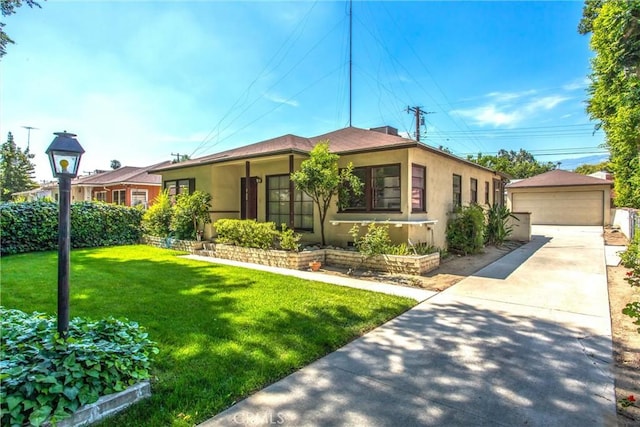 722 E 19th St, San Bernardino, CA 92404 - view of front of property featuring a front yard, stucco siding, an outdoor structure, and a garage