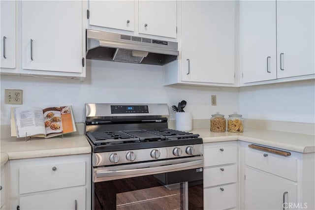 13801 Shirley St Unit 14, Garden Grove, CA 92843 - kitchen featuring stainless steel range with gas stovetop, under cabinet range hood, white cabinetry, and light countertops