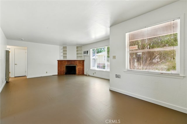 2723 57th St, Sacramento, CA 95817 - unfurnished living room with a brick fireplace and a wall mounted AC