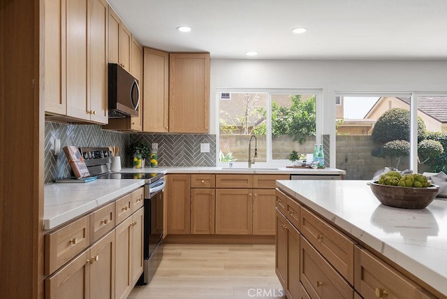 13020 Beach St, Cerritos, CA 90703 - kitchen featuring stainless steel microwave, electric range, plenty of natural light, light wood finished floors, and recessed lighting