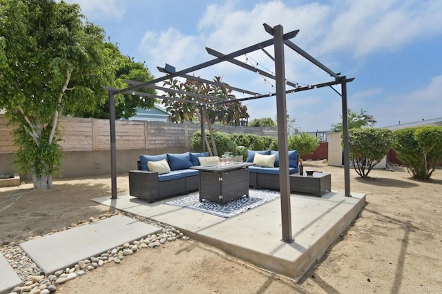 6127 Winchester St, San Diego, CA 92139 - fenced backyard with an outdoor living space with a fire pit, a pergola, and a patio