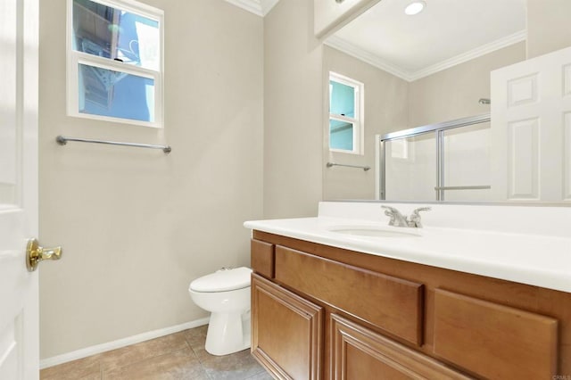 43883 Brookhaven Ct, Temecula, CA 92592 - full bath with ornamental molding, vanity, a shower with door, and tile patterned floors