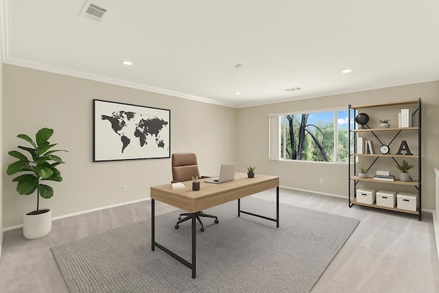 43883 Brookhaven Ct, Temecula, CA 92592 - office area featuring carpet, crown molding, and recessed lighting