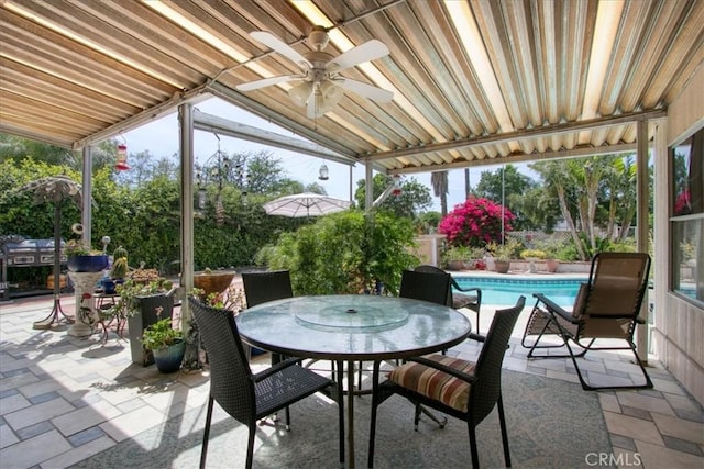 2374 Corydon Ave, Norco, CA 92860 - fenced backyard with a patio area, ceiling fan, and outdoor dining area